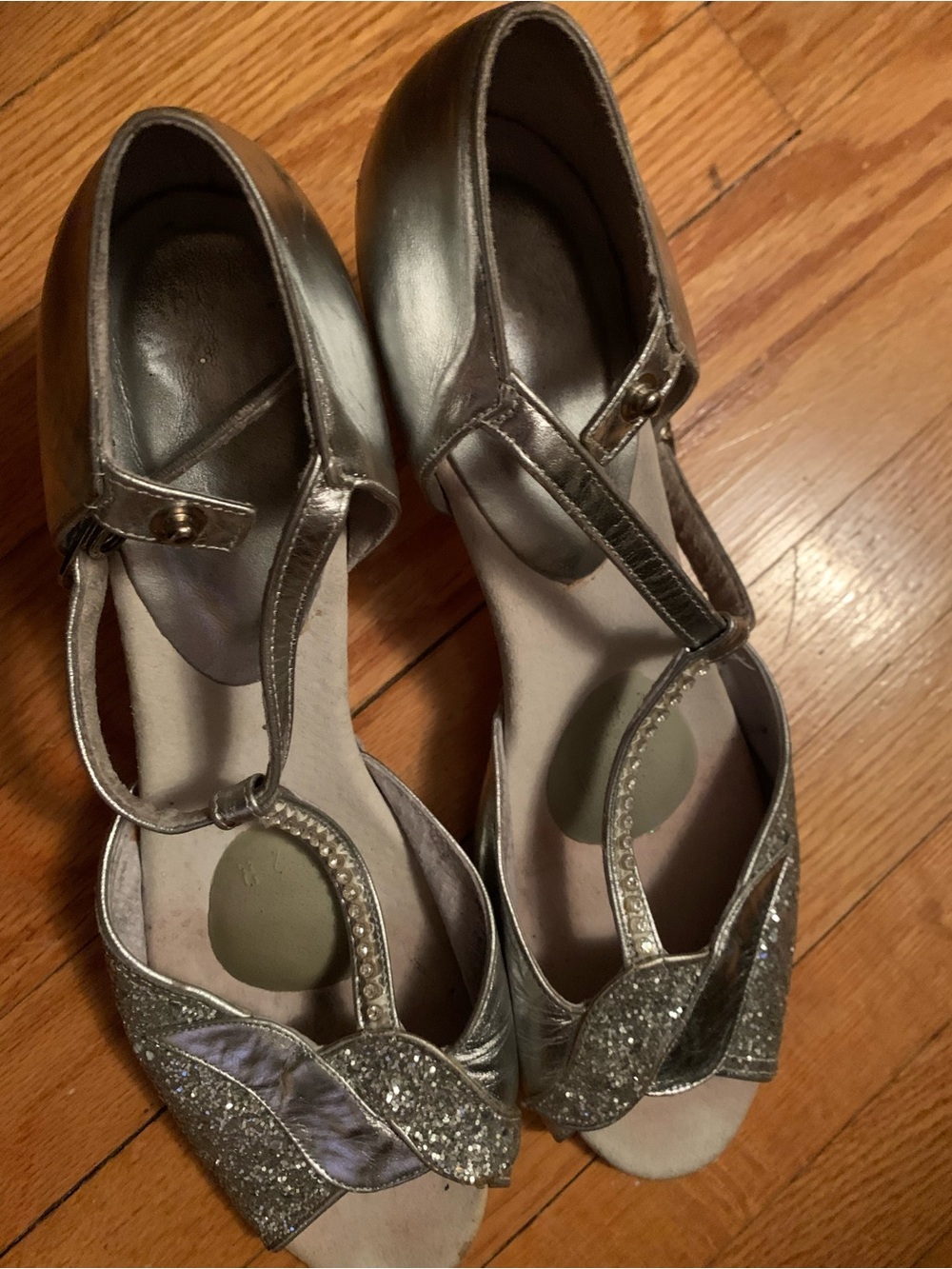 Women's Silver T-Strap Glitter Peep Toe Heels suede sole Latin dance shoes